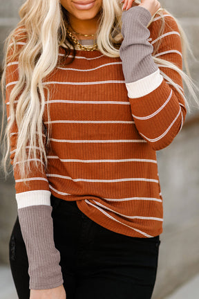 Brown Contrast Spliced Colorblock Cuffed Rib Knit Top-True and Wild