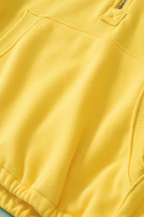 Yellow Solid Color Half Zip Pullover Hoodie with Kangaroo Pocket