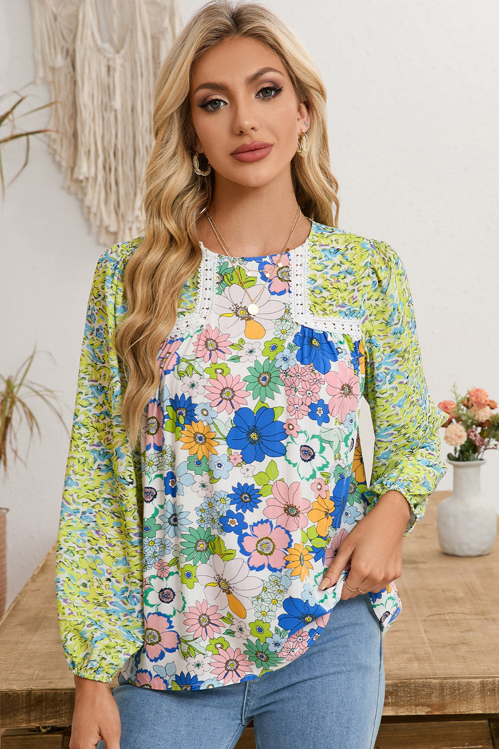 Green Bubble Sleeve Lace Detail Mixed Floral Blouse-True and Wild