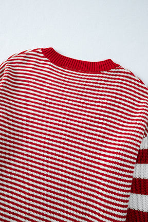 Red Stripe Twisted Knitted Drop Shoulder Sweater-True and Wild