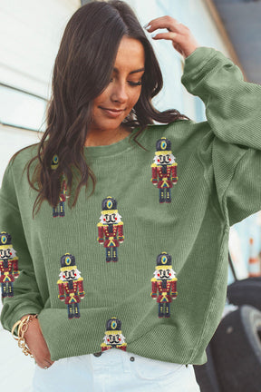 Grass Green Christmas Nutcracker Graphic Corded Pullover Sweatshirt-True and Wild