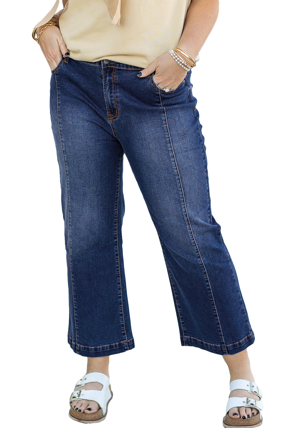 Navy Blue Plus Size Seamed Wide Leg High Waist Jeans-True and Wild