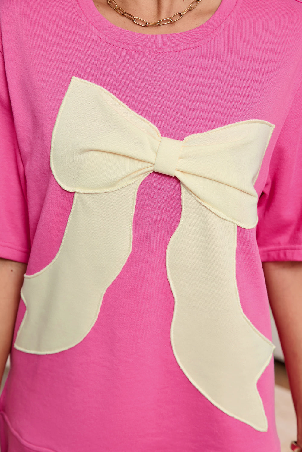 Strawberry Pink Sweet Bow Round Neck T-Shirt