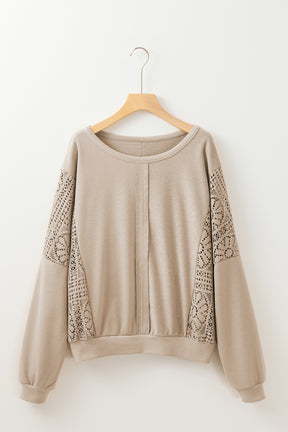 Parchment Crochet Patchwork Exposed Seam Ribbed Trim Sweatshirt-True and Wild