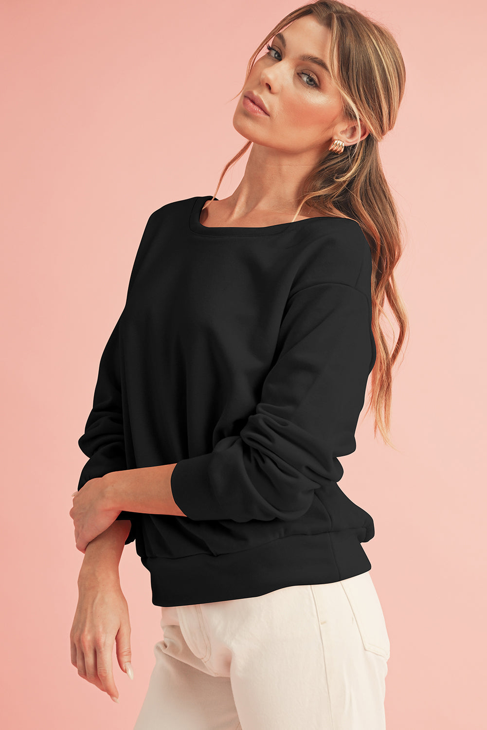 Apricot Bowknot Plain Round Neck Sweatshirt-True and Wild