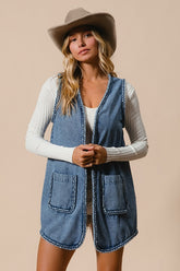 BiBi Braided Trim Open Front Denim Vest with Pockets-True and Wild