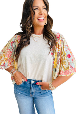 Beige Floral Patchwork Batwing Sleeve Blouse