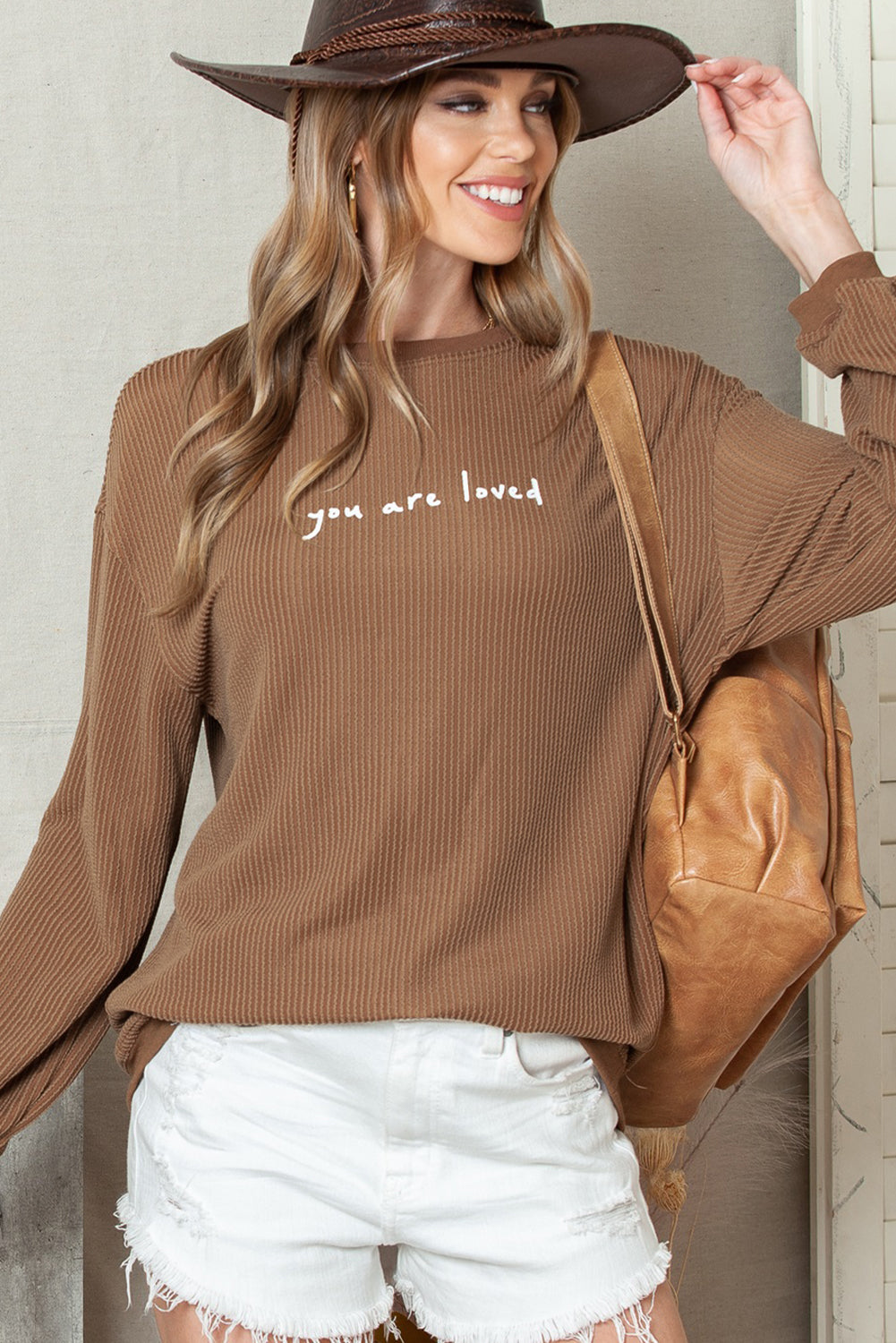 Khaki You Are Loved Print Crinkle Rib Sweatshirt-True and Wild