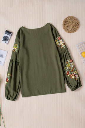 Olive Green Flower Embroidered Long Sleeve Blouse-True and Wild