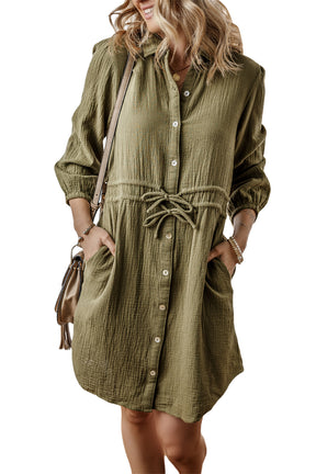 Jungle Green Textured Bracelet Sleeve Button Up Mini Dress-True and Wild