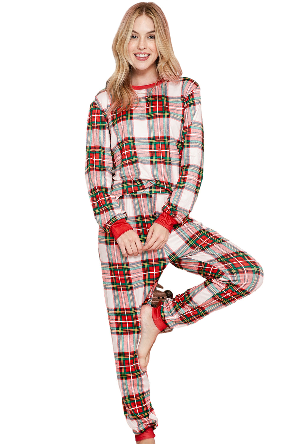 Red Christmas Plaid Print Loungewear Set-True and Wild