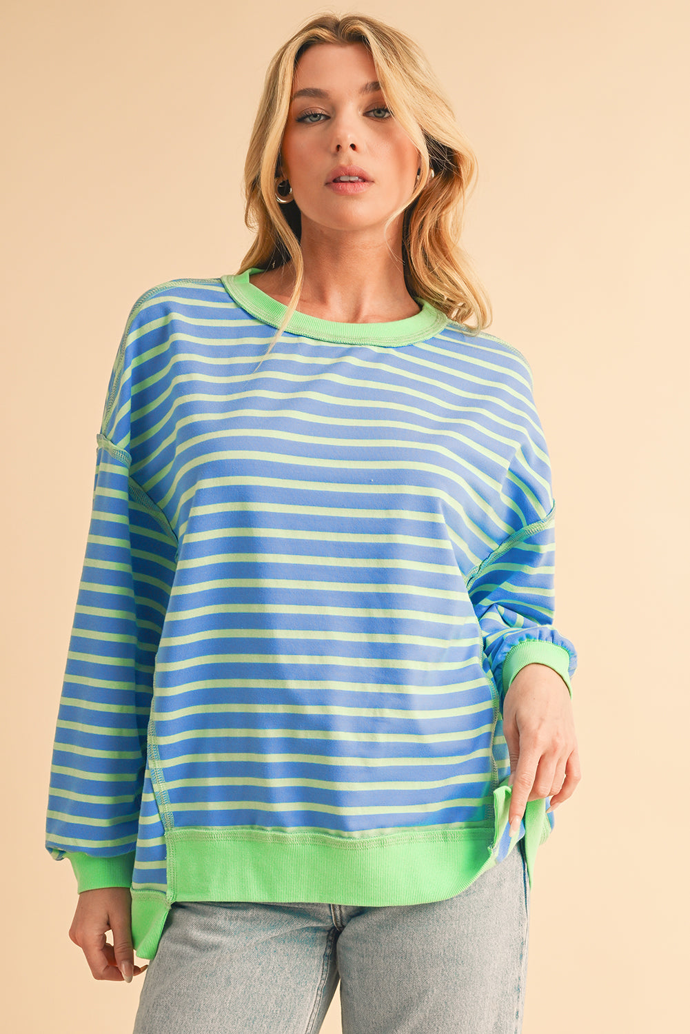 Pink Stripe Contrast Trim High Low Tunic Sweatshirt-True and Wild