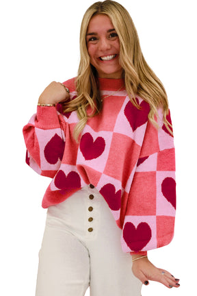 Pink Plus Size Heart Colorblock Mock Neck Lantern Sleeve Sweater-True and Wild