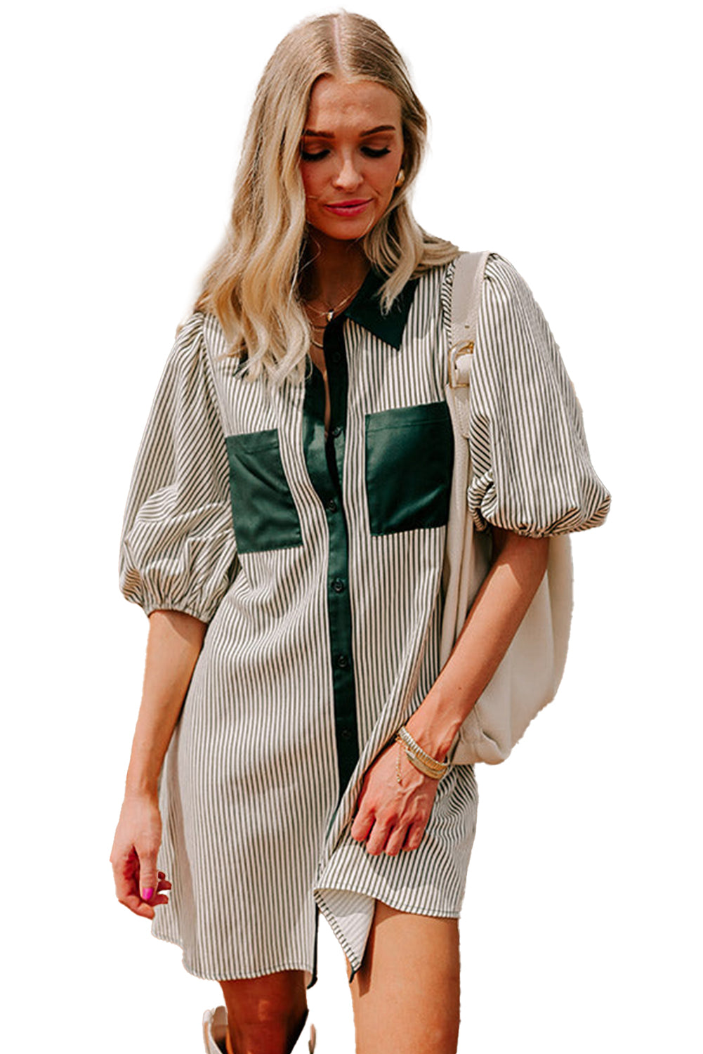 Green Patch Pockets Button Down Short Puff Sleeve Dress-True and Wild