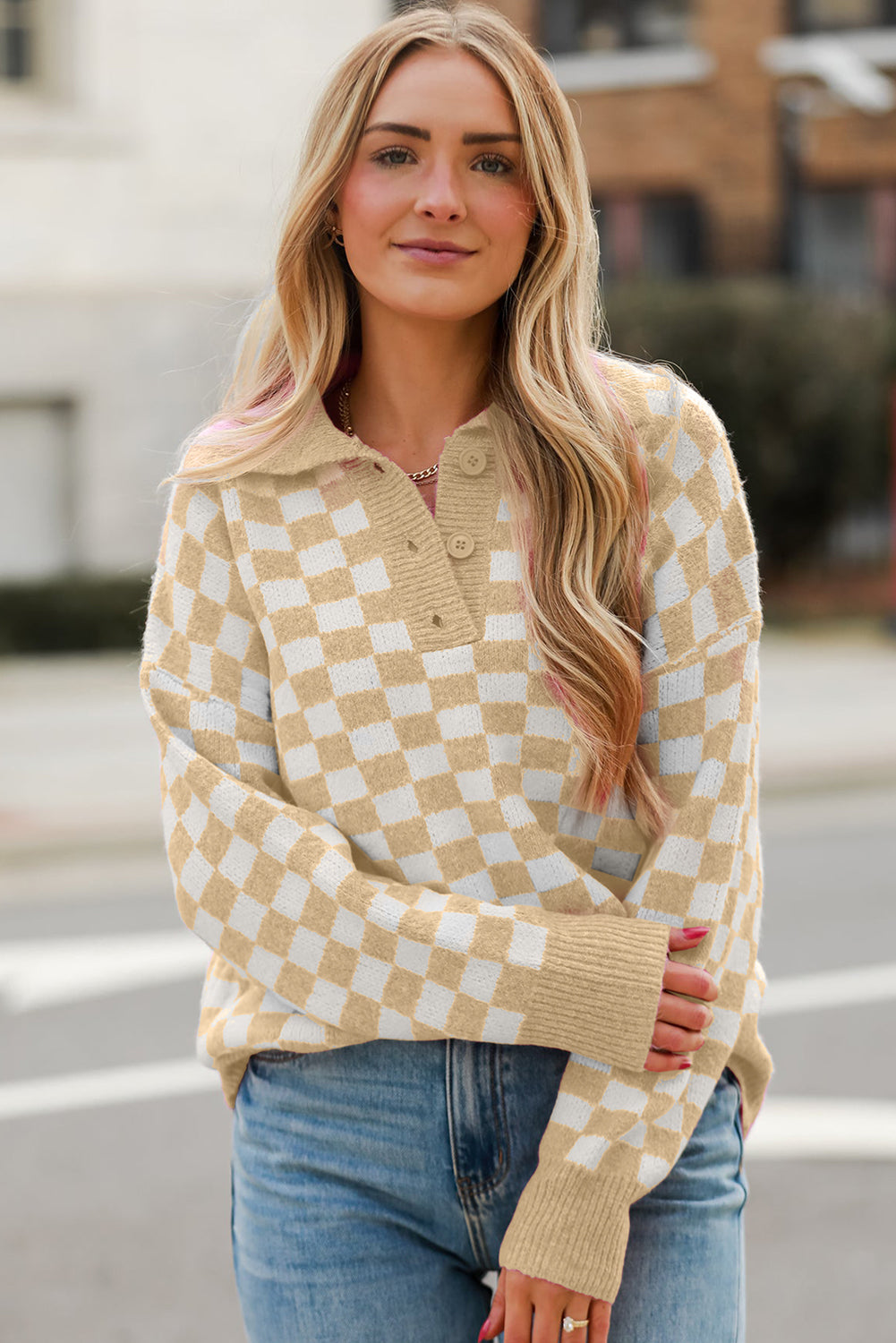 Checkered Collared Neck Long Sleeve Sweater-True and Wild