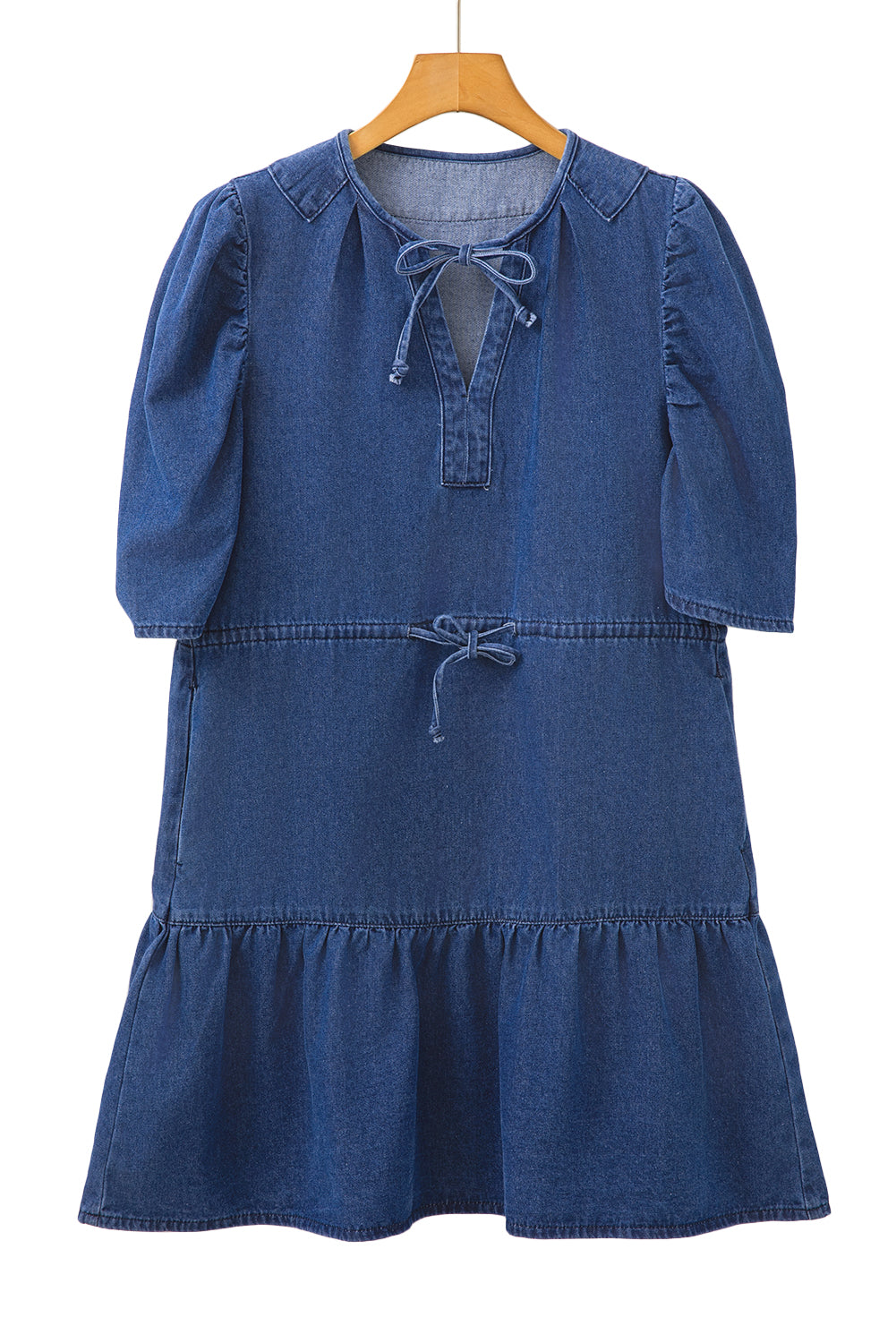 Blue Drawstring High Waist Puff Sleeve Denim Mini Dress