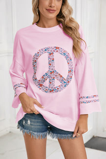 Light Pink Floral Peace Sign Drop Shoulder Top-True and Wild