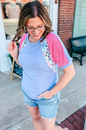 Sky Blue Leopard Print Colorblock Plus Size T Shirt