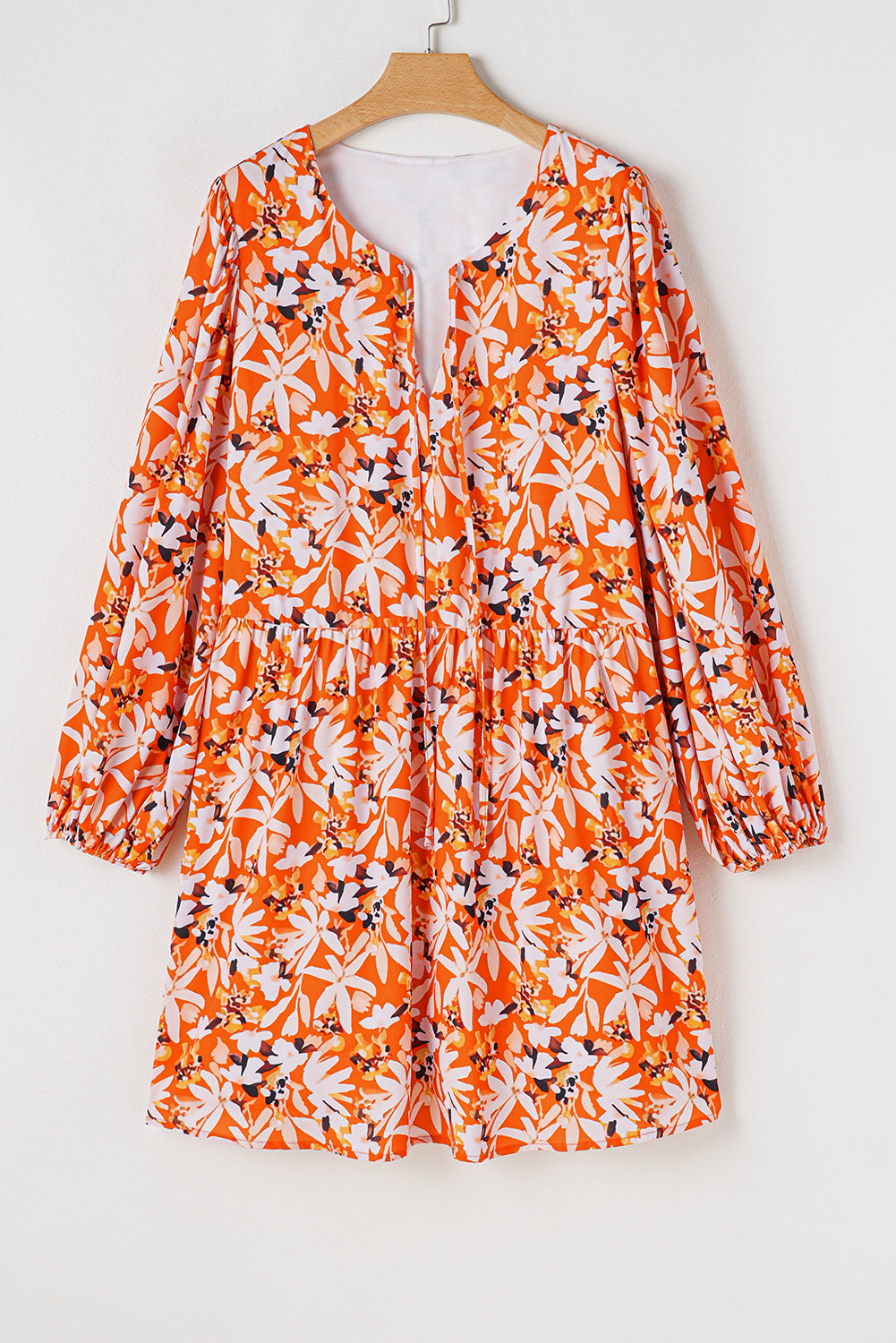 Orange Floral Print Split V Neck Bubble Sleeve Plus Size Midi Dress-True and Wild