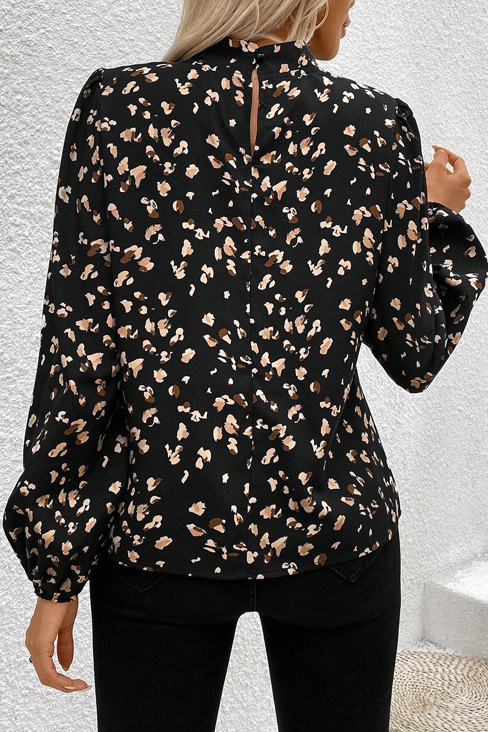 Black Leopard Print Puff Sleeve Mock Neck Pleated Blouse-True and Wild