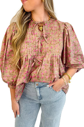 Light French Beige Ditsy Floral Print Bow Front Puff Sleeve Blouse-True and Wild