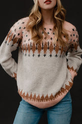 Geometric Contrast Round Neck Long Sleeve Sweater