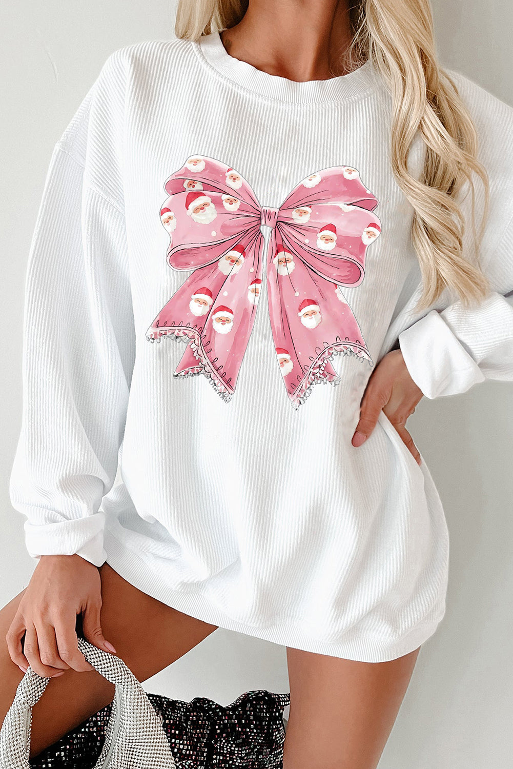 White Santa Claus Bow Knot Print Ribbed Crewneck Sweatshirt