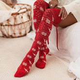 Christmas Element Bowknot Ribbed Trim Over Knee Stockings-True and Wild