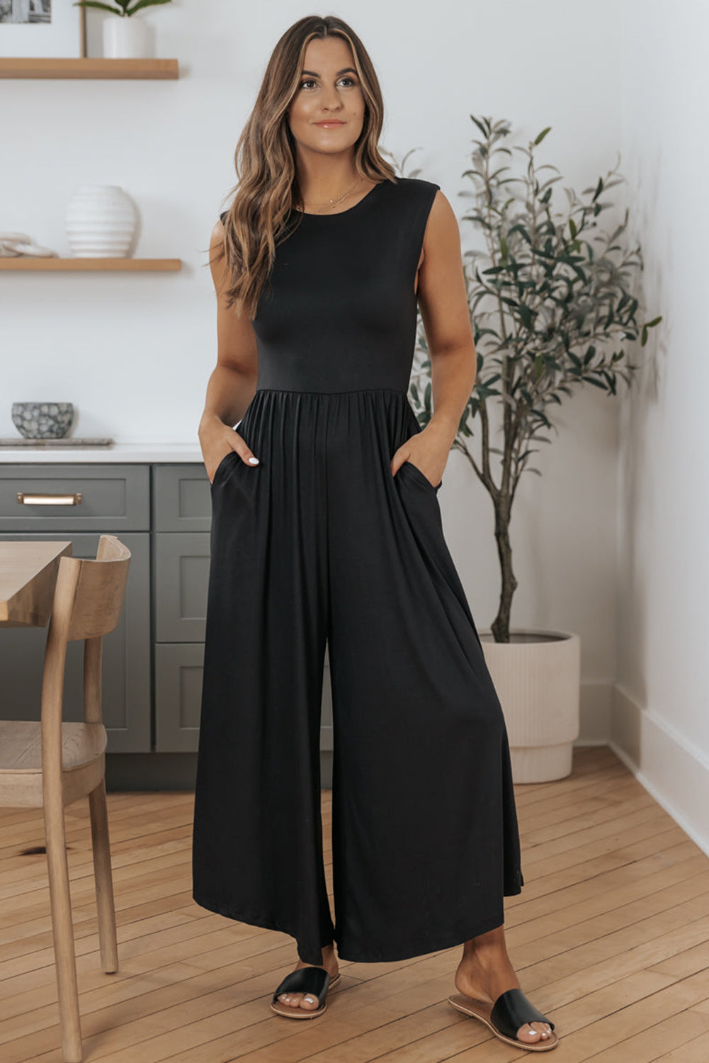 Black Solid Color Open Back Sleeveless Wide Leg Jumpsuit-True and Wild