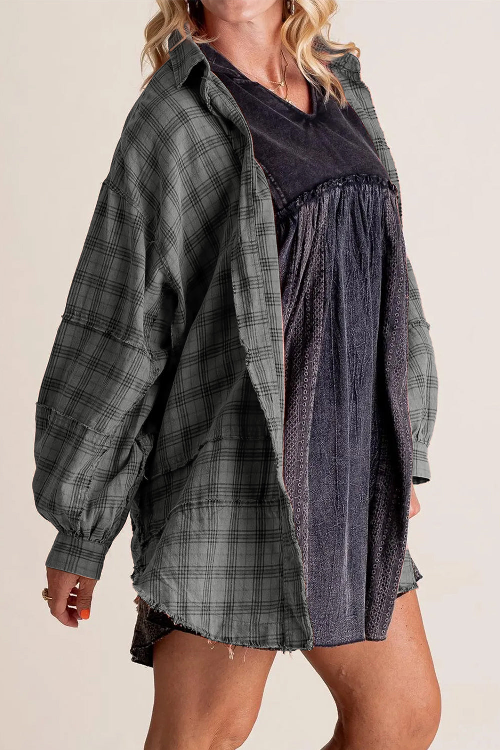 Exposed Seam Plaid Collared Neck Long Sleeve Shirt-True and Wild