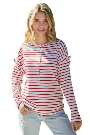 White Striped Snap Button Ruffle Trim Long Sleeve Top