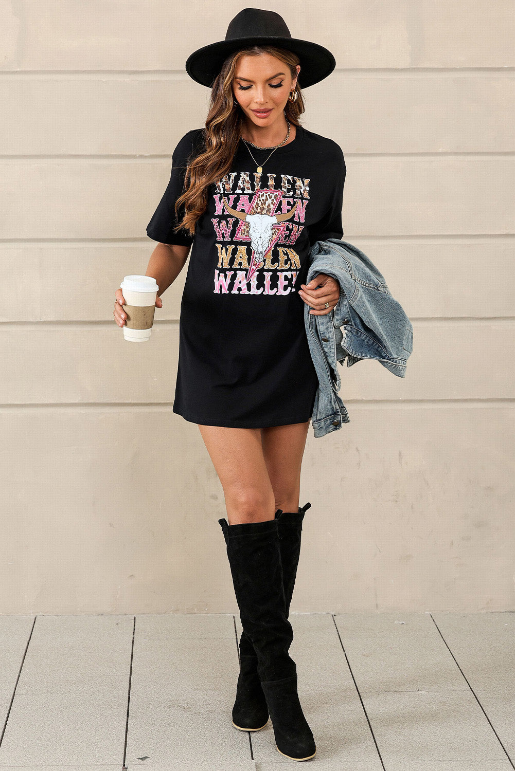 Black WALLEN Letter Print Animal Graphic Oversized Tee-True and Wild