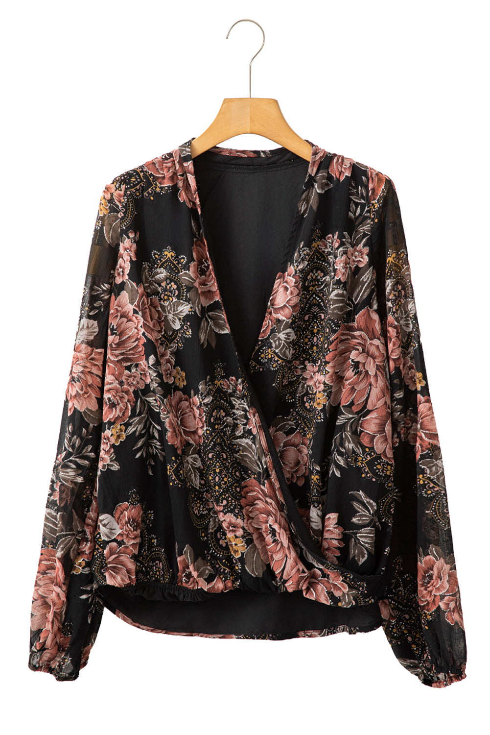 Black Floral Print Criss Cross V Neck Balloon Sleeve Blouse-True and Wild