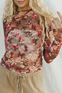 Red Floral Print Sheer Mesh Long Sleeve Top-True and Wild