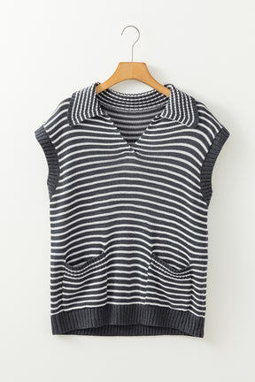 Pocketed Striped Johnny Collar Sweater Vest-True and Wild