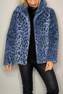 Full Size Leopard Furry Collared Neck Long Sleeve Coat-True and Wild