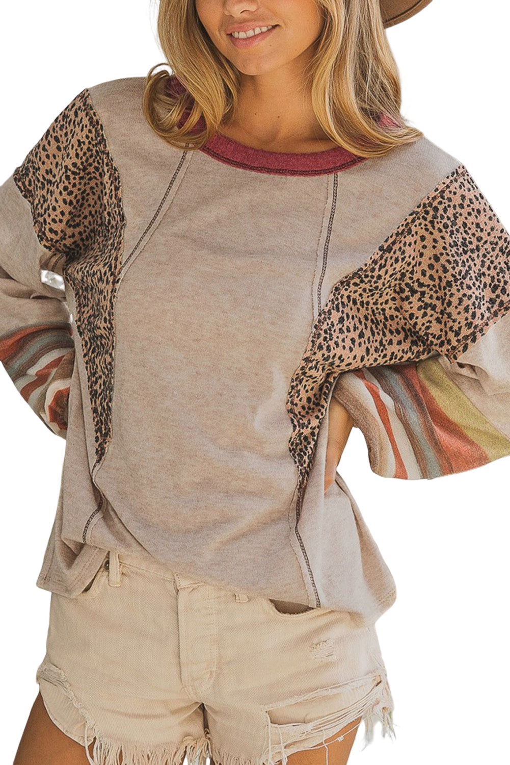 Khaki Leopard Contrast Exposed Seam Long Sleeve Top-True and Wild