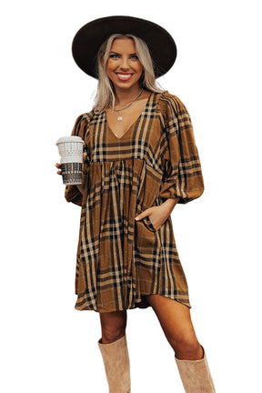 Brown Plaid Pattern Empire Waist Babydoll Dress-True and Wild