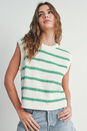 Short Sleeve Sweater - Bright Green Striped Sleeveless Knit Top