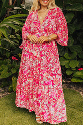 Rose Plus Size Floral V Neck Flounce Sleeve Boho Maxi Dress