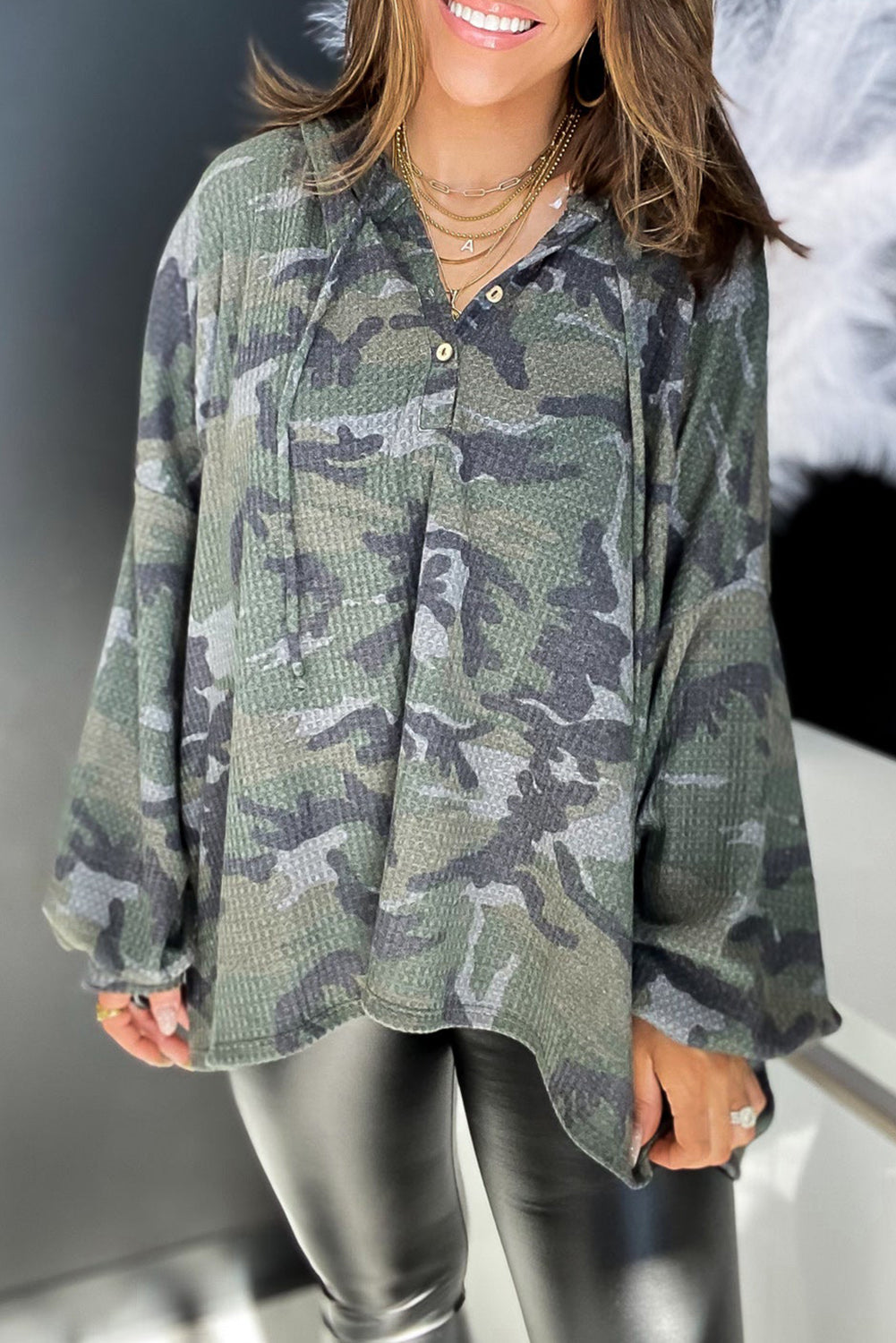 Green Camo Print Button Front Oversize Hoodie-True and Wild