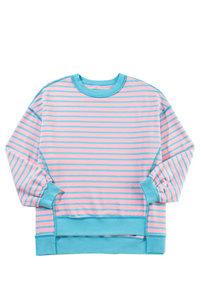 Pink Stripe Contrast Trim High Low Tunic Sweatshirt-True and Wild