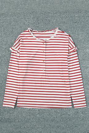 White Striped Snap Button Ruffle Trim Long Sleeve Top