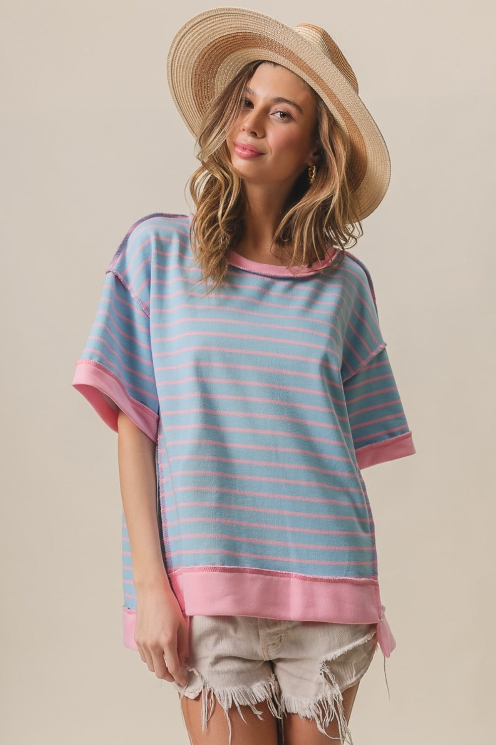 BiBi Exposed Seam Stripe Contrast T-Shirt-True and Wild