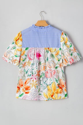 Multicolour Floral Print Striped Frill V Neck Puff Sleeve Blouse