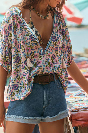 Multicolour Boho Floral Tassel Tie V Neck Blouse