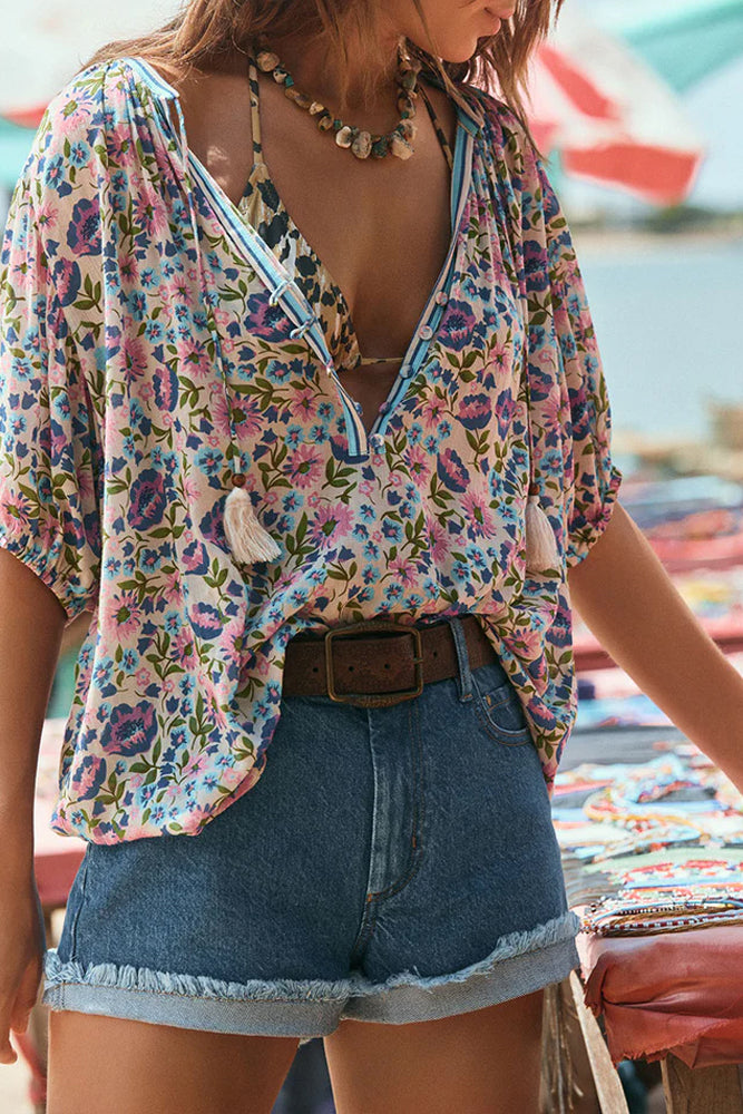 Multicolour Boho Floral Tassel Tie V Neck Blouse