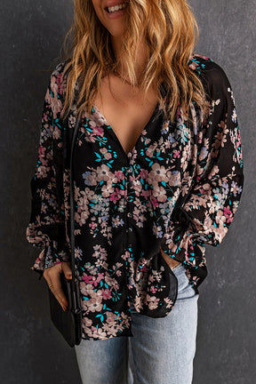 Black Floral Boho Chiffon Peasant Sleeve Blouse-True and Wild