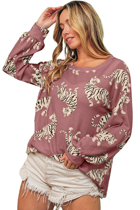 Rose Red Animal Print Drop Sleeve Pullover Sweatshirt-True and Wild