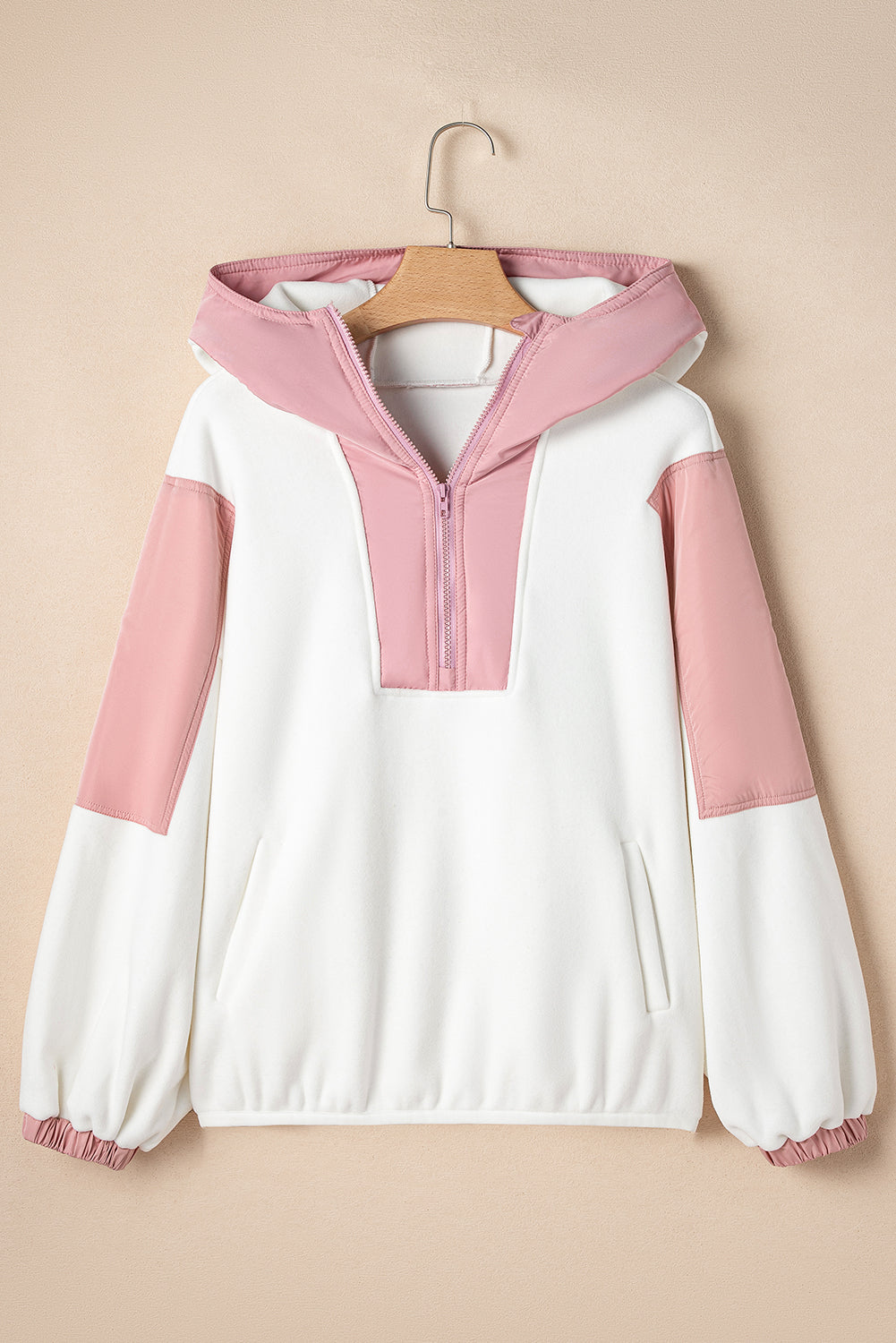 Pink Patchwork Half Zip Oversized Sherpa Hoodie-True and Wild